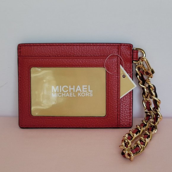 MICHAEL KORS Jet Set Small ID Pebbled Leather Chain Card Holder Case-Crimson⭐ - Picture 9 of 16